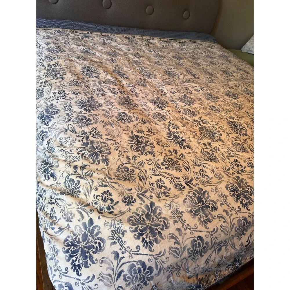 Ralph Lauren Bluff Point Queen Duvet Cover Floral White Blue Stripe Rope Trim‎